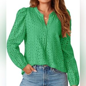 MEROKEETY green eyelet long sleeve pull over top XL